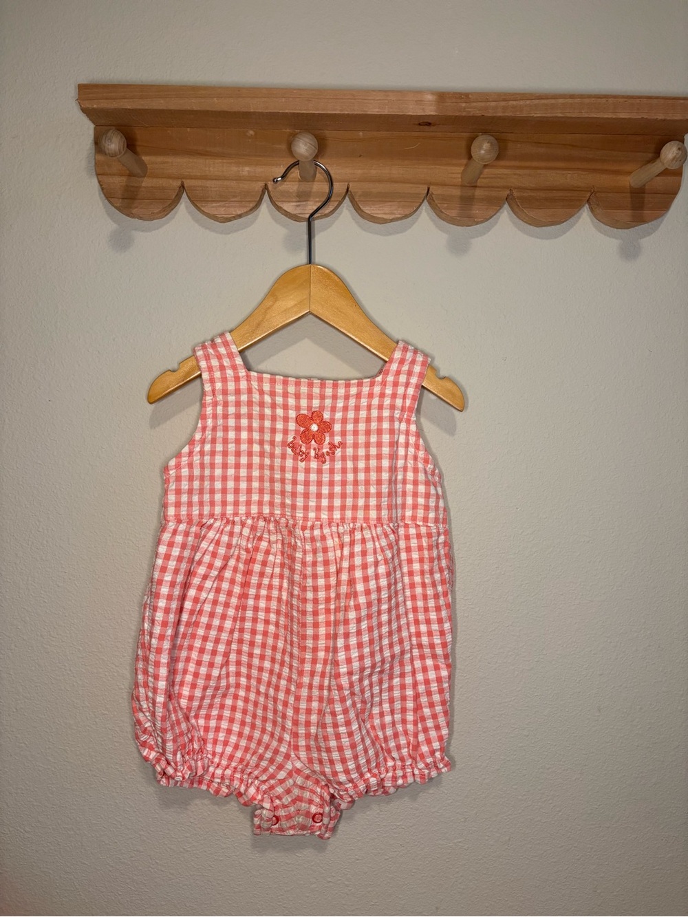 Vintage Oshkosh Pink Gingham Baby Girl Bubble Romper with Embroidered Flower
